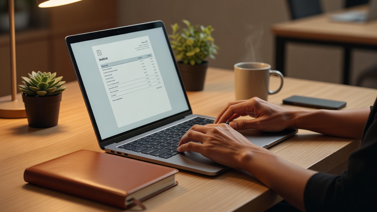 Unternehmer prüft am Laptop eine digitale E-Rechnung
