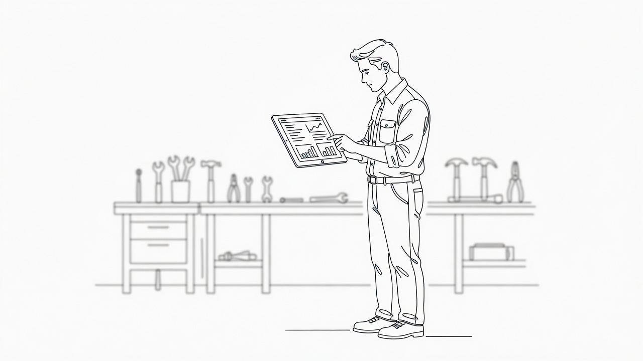 Handwerker kontrolliert seine Rechnungen auf einem Tablet in der Werkstatt