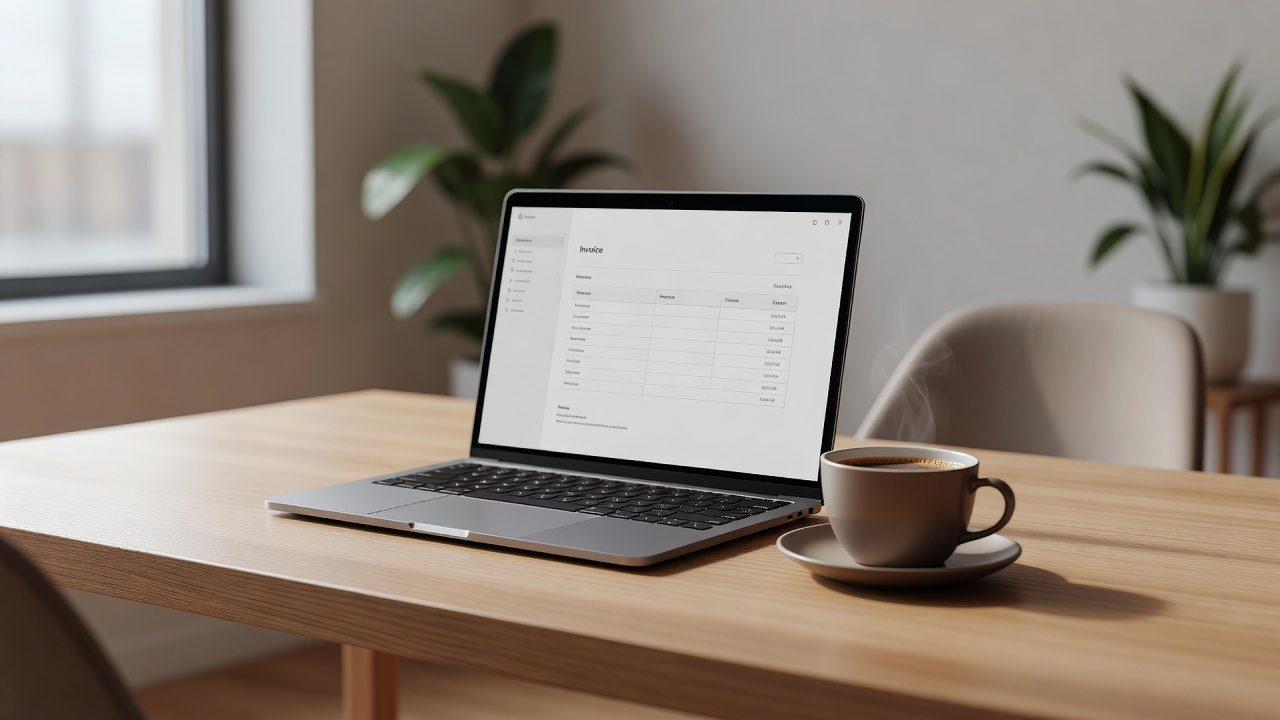 Aufgeräumter Schreibtisch mit Laptop, auf dem eine digitale Rechnung erstellt wird