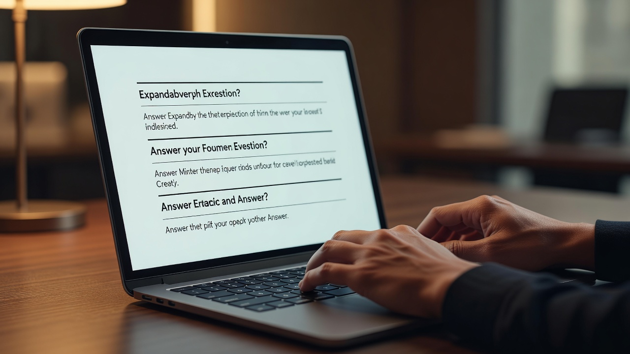 Laptop-Bildschirm mit strukturierter Webseite im Frage-Antwort-Format
