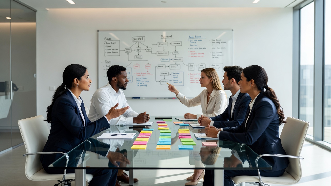 Team bespricht digitale Sichtbarkeitsstrategie an einem Besprechungstisch