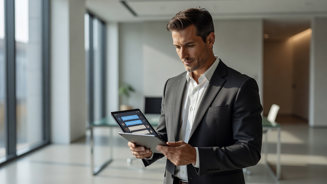 Unternehmerin betrachtet eine KI-Chat-Oberfläche auf einem Tablet im modernen Büro