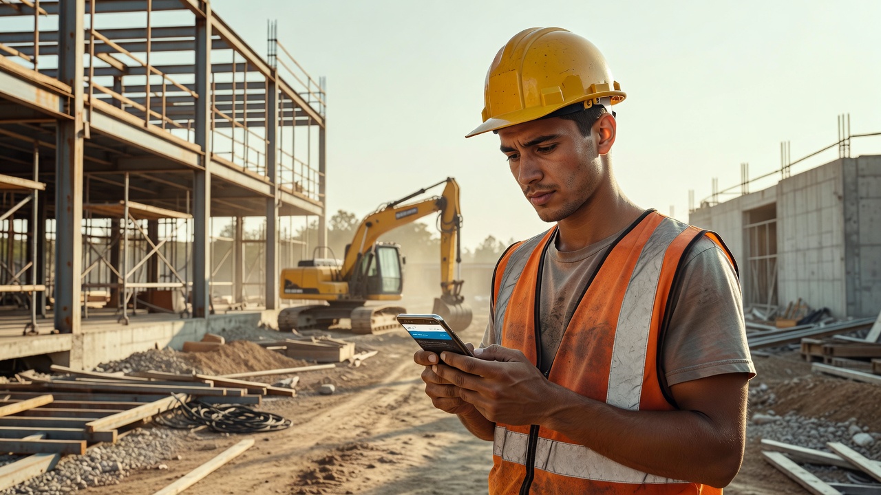 Junger Bauarbeiter schaut auf dem Smartphone die Webseite eines Handwerksbetriebs an
