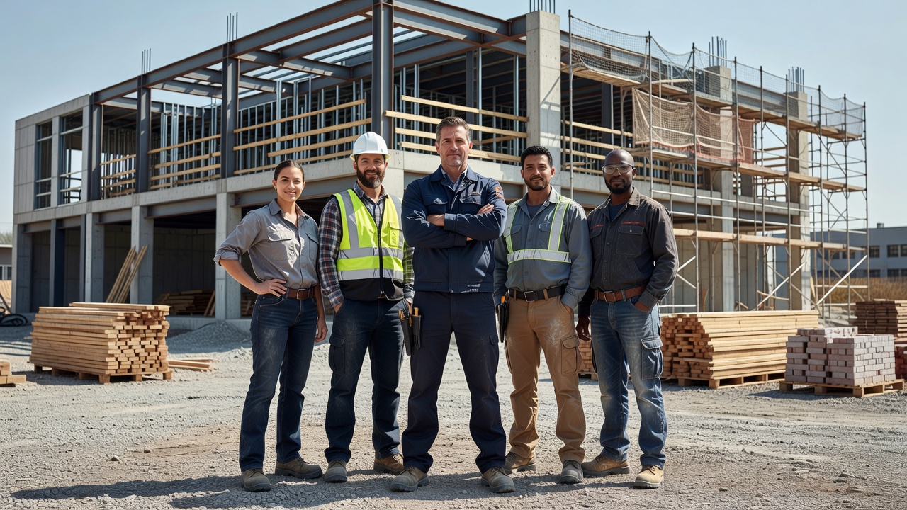 Selbstbewusstes Handwerksteam vor einer modernen Baustelle