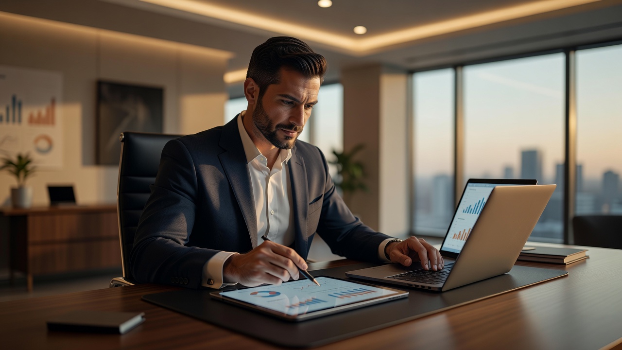 Unternehmer wertet Werbe-Kennzahlen auf Laptop und Tablet aus, um die Budgetverteilung zu entscheiden