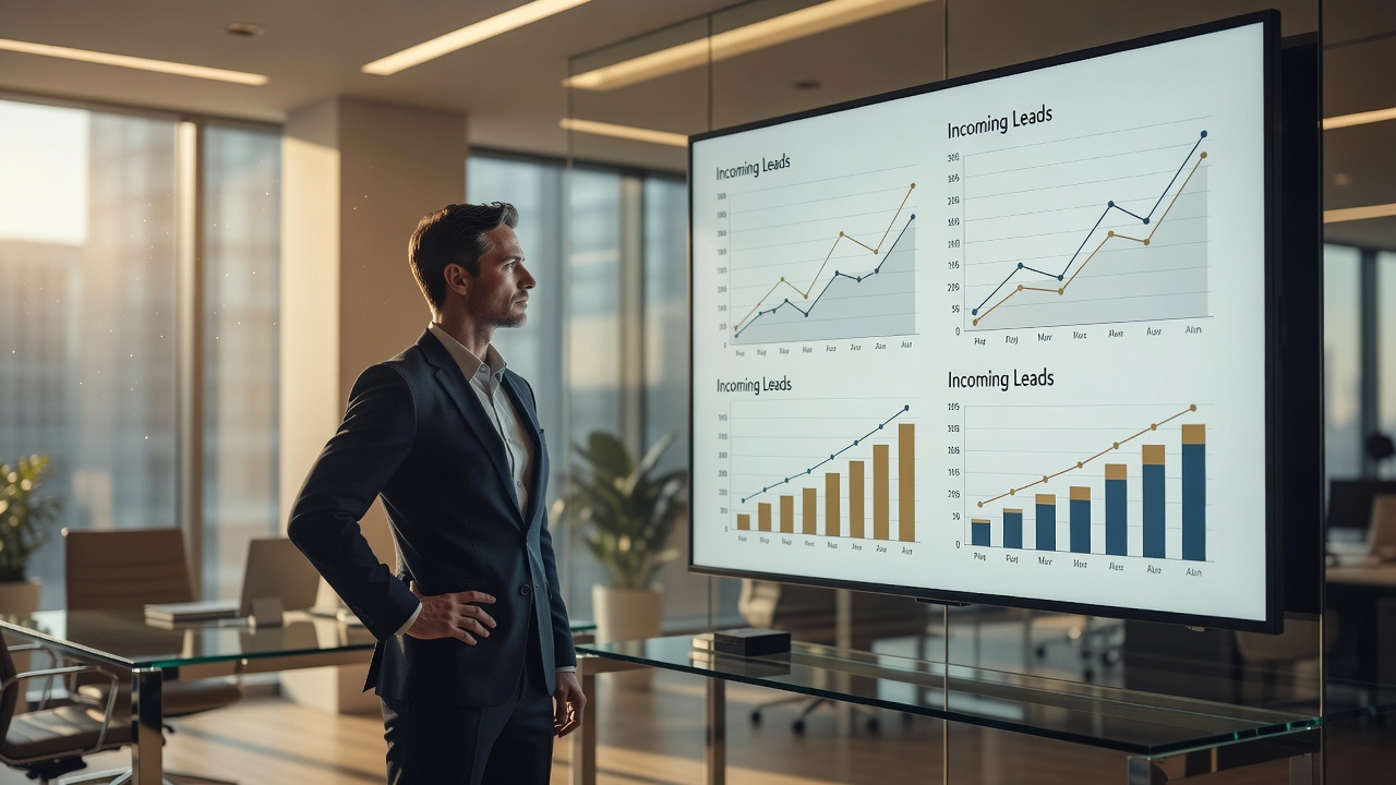 Unternehmer betrachtet ein Dashboard mit steigenden Kundenanfragen im modernen Büro
