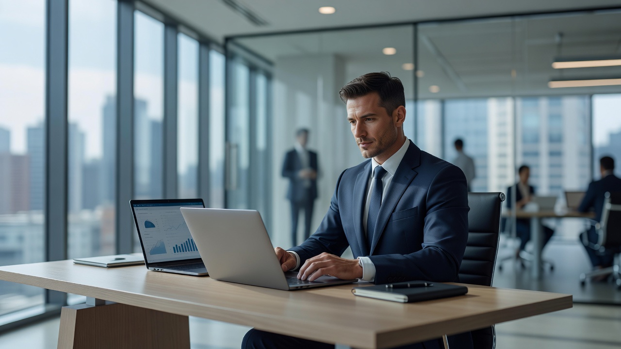 Versicherungsmakler analysiert Online-Anfragen am Laptop in modernem Büro